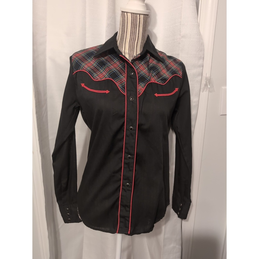 Vtg‎ Ely Plains Women's Black Pearl Snap Western Shirt Sz 13/14 Red Trim Plaid